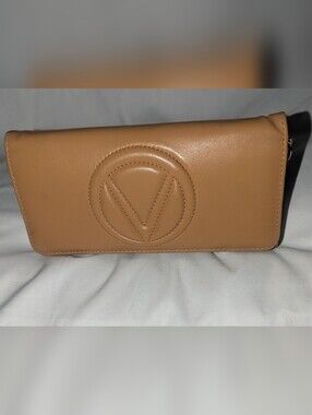 Mario Valentino Tan Leather Flap Wallet with Embossed Circular V Logo Gold Chain